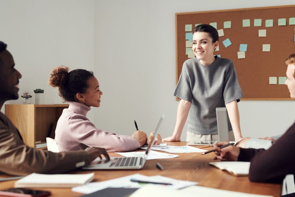 A marketing team in a strategy meeting in a calm office